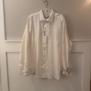 Robert Graham Kinship White Linen  Shirt with Contrast Cuffs